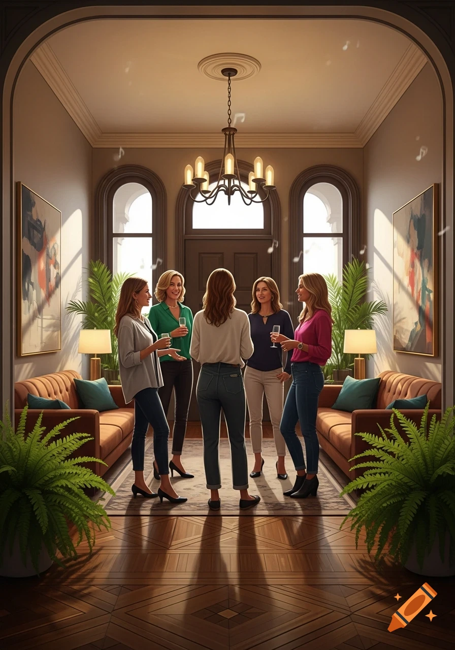 Five women socialize in a stylish entryway with couches, plants, a chandelier, and arched windows, bathed in warm light.