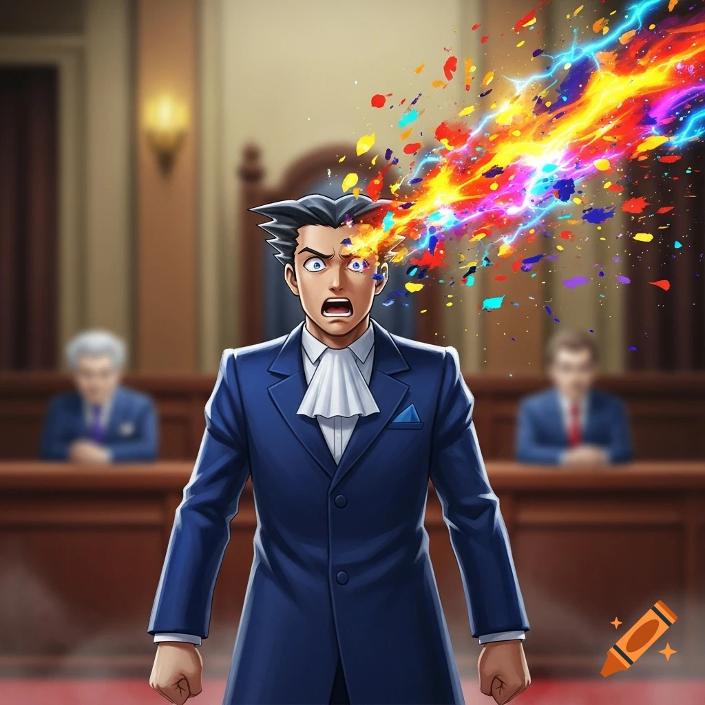 Anime-style Phoenix Wright in a courtroom, screaming as his head explodes into a burst of colorful light and lightning.