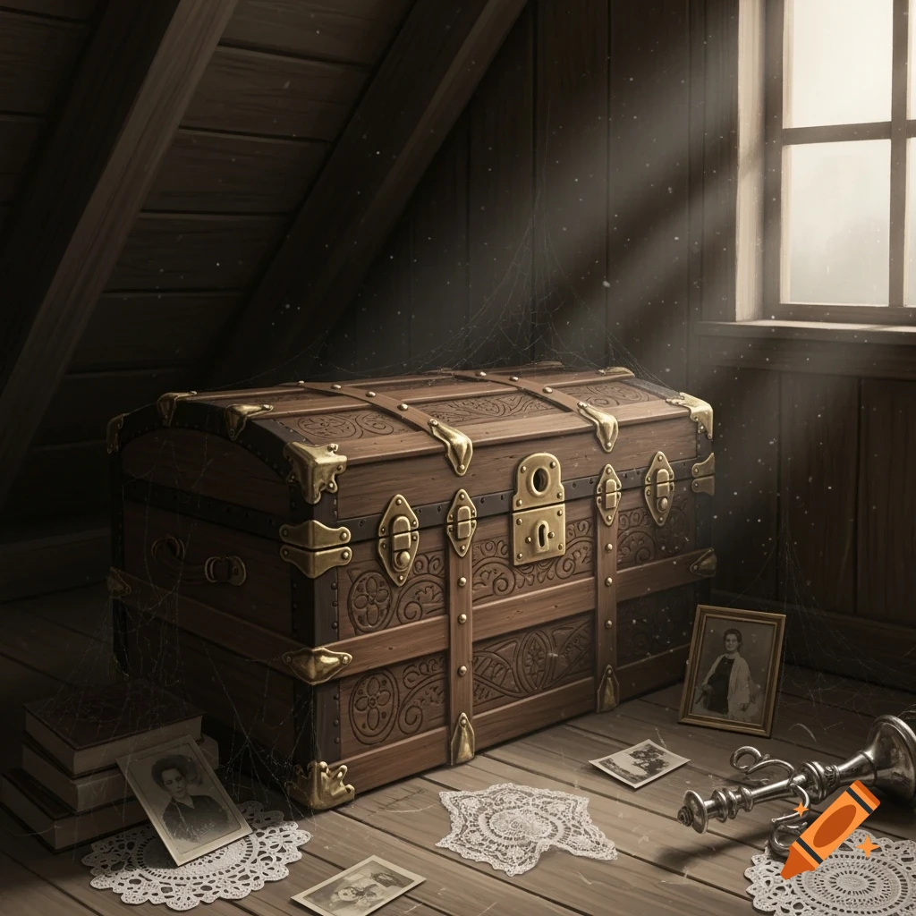 Ornate wooden trunk in a dusty attic with light rays, old photos, and lace on the floor.