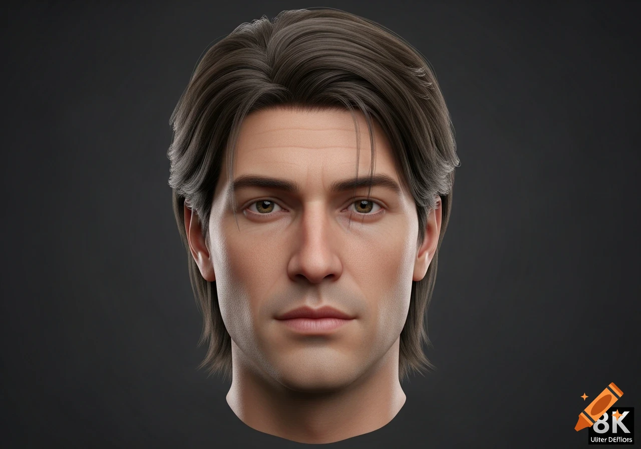 A hyperrealistic 3D render of a man's head with brown hair and green eyes, on a dark gray background.