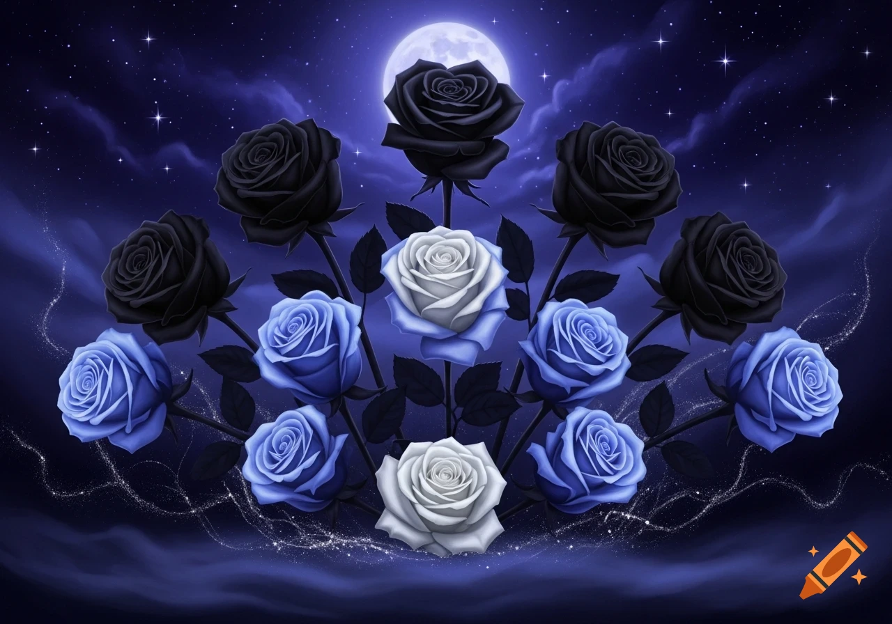 A fantasy image of black, blue, and white roses against a dark blue night sky with a full moon and stars.