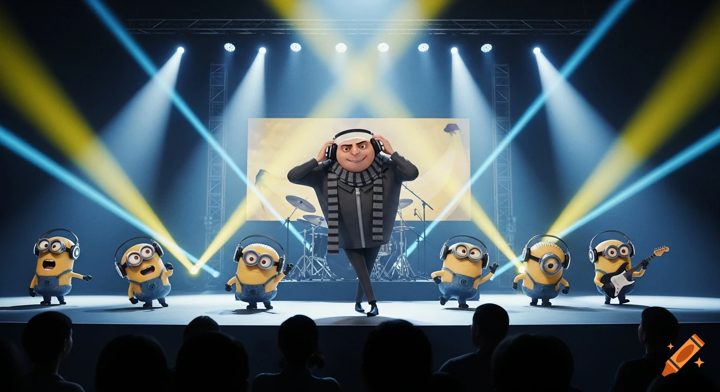 Gru and Minions with headphones dance on a brightly lit stage with a banana on a screen, as an audience watches.