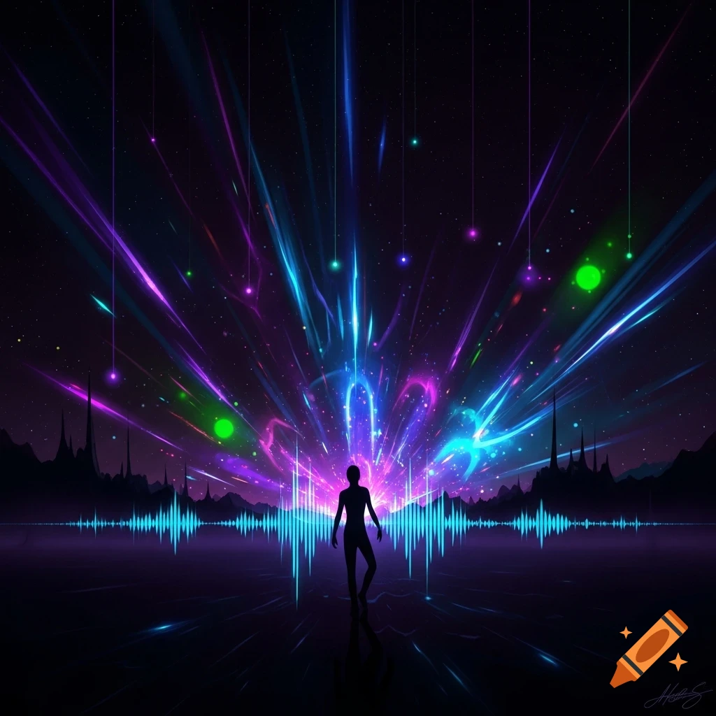 A silhouetted figure stands on a reflective surface amidst glowing blue and purple sound waves and cosmic light beams in a dark, starry landscape.