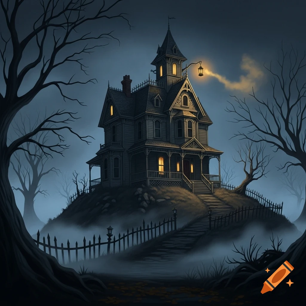 A spooky, old gothic mansion on a misty hill at night, surrounded by bare, gnarled trees.
