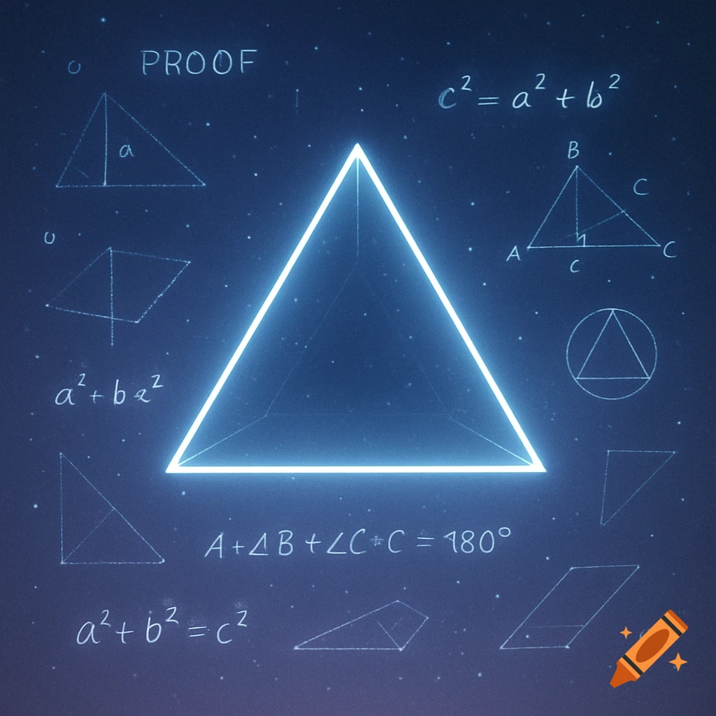A neon blue glowing triangle on a dark, starry background, surrounded by chalk-drawn geometric shapes and mathematical formulas.
