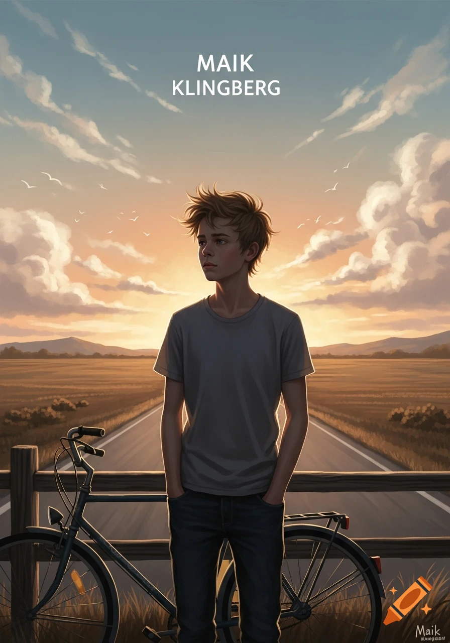 Illustration of a boy with messy hair standing by a bicycle on a rural road at sunset, with 'MAIK KLINGBERG' text.