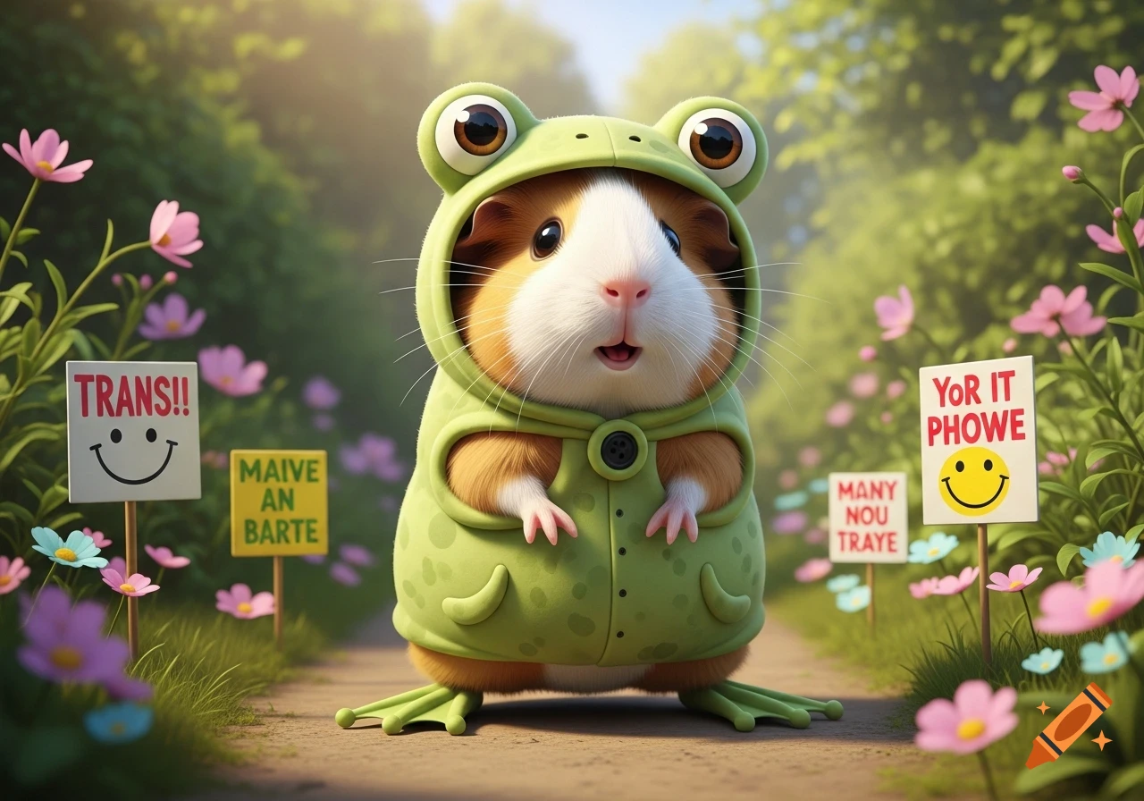 A cute guinea pig in a green frog costume stands on a path surrounded by pink flowers and small protest signs, one legible saying "TRANS!!" with a smiley face, others with gibberish.