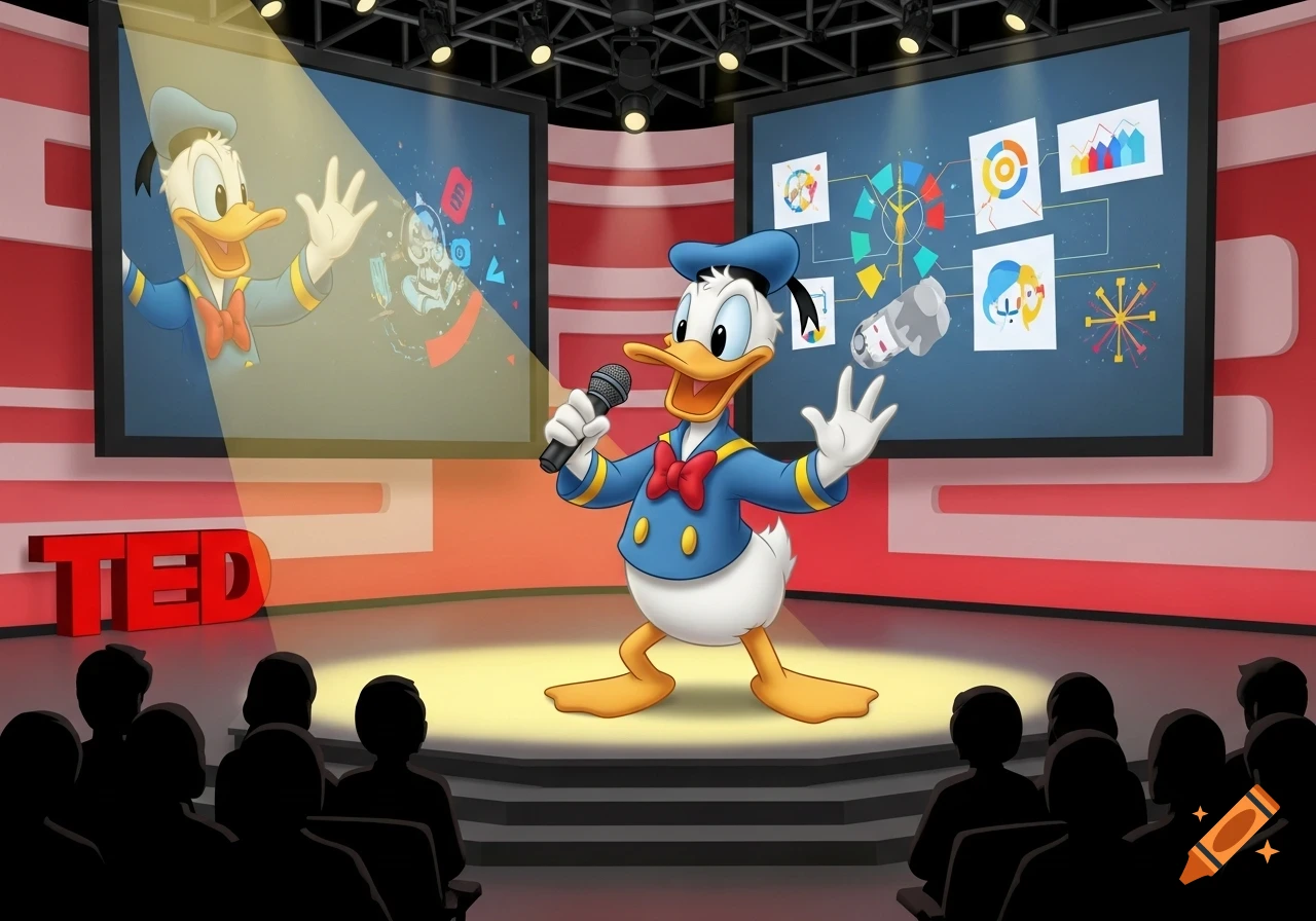Donald Duck in a blue sailor suit giving a presentation at a TED Talk stage with large screens displaying charts and his own image.