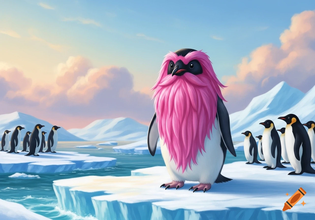 A cartoon penguin with a vibrant pink beard stands on an ice floe, looking at a group of other penguins in an arctic landscape under a pink and blue sky.