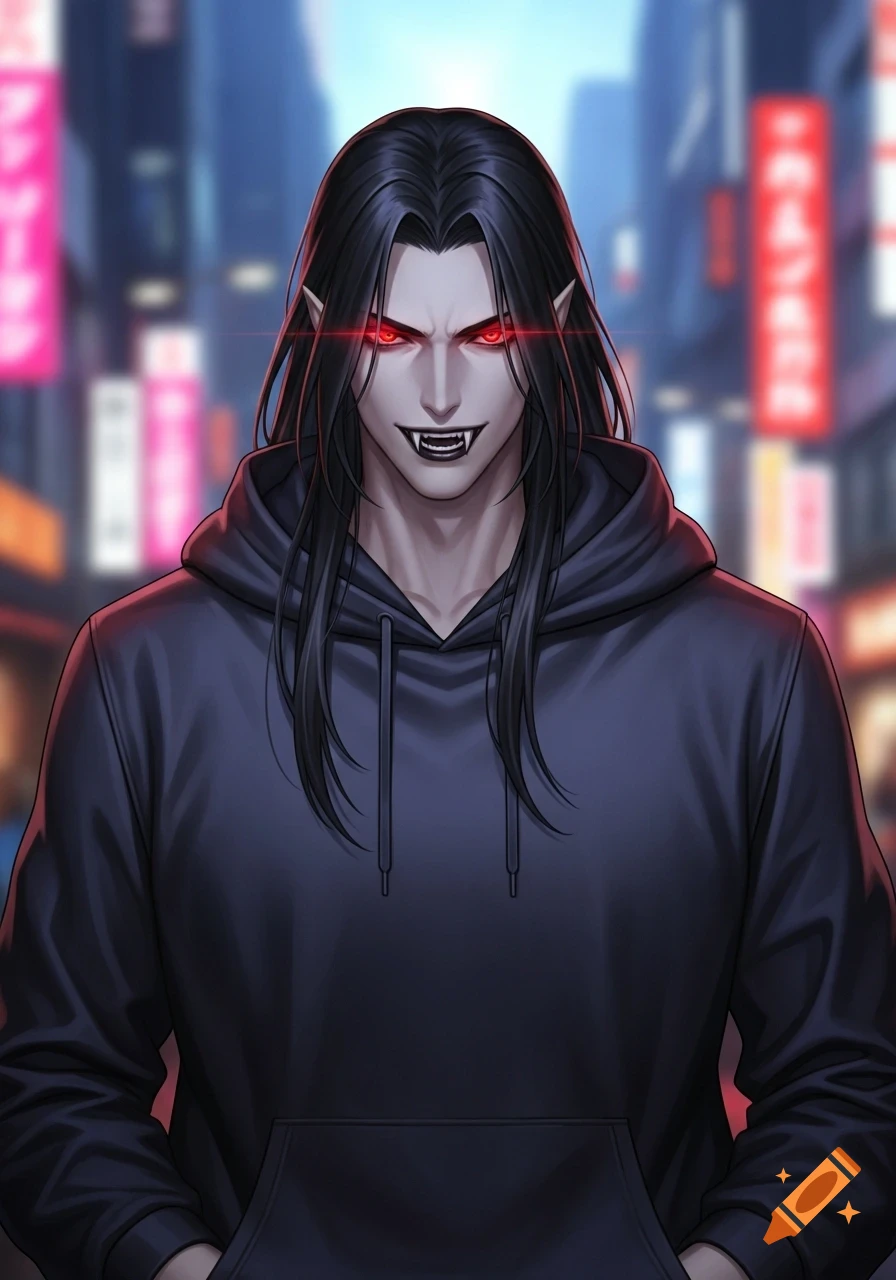 An anime-style man with long black hair, glowing red eyes, and vampire fangs, wearing a dark hoodie against a blurred city background.