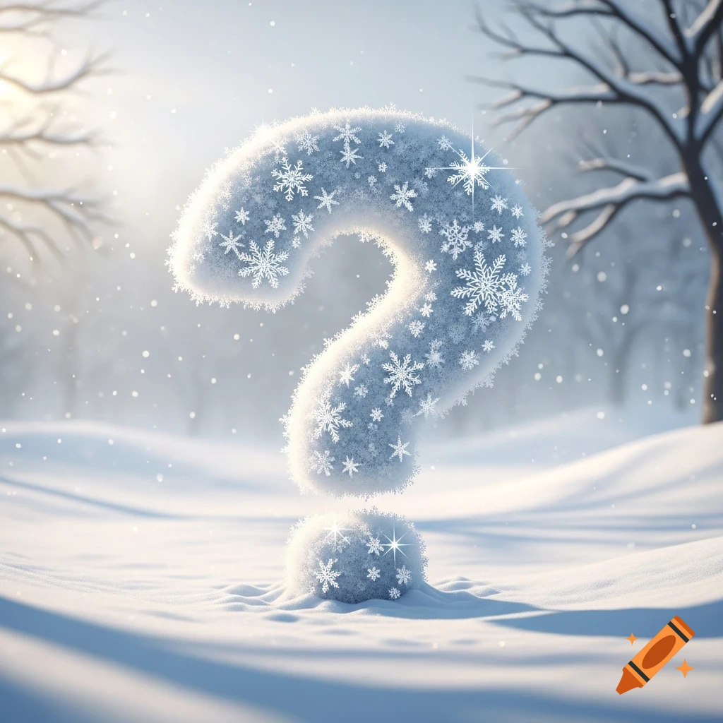 A sparkling question mark made of snow stands prominently in a bright, soft winter landscape with trees in the background.