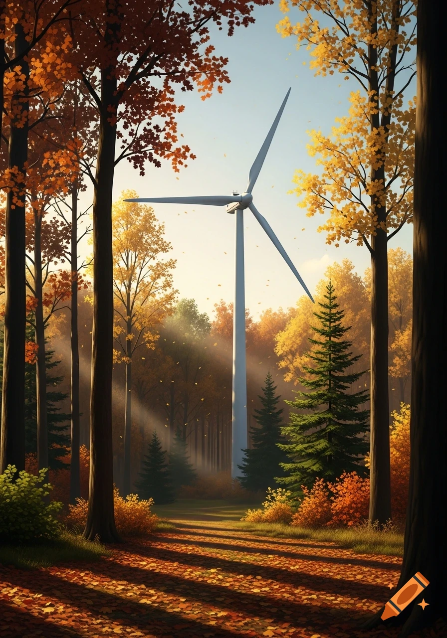 A tall wind turbine within a vibrant autumn forest, sunlight dappling a leaf-strewn path, digital art.