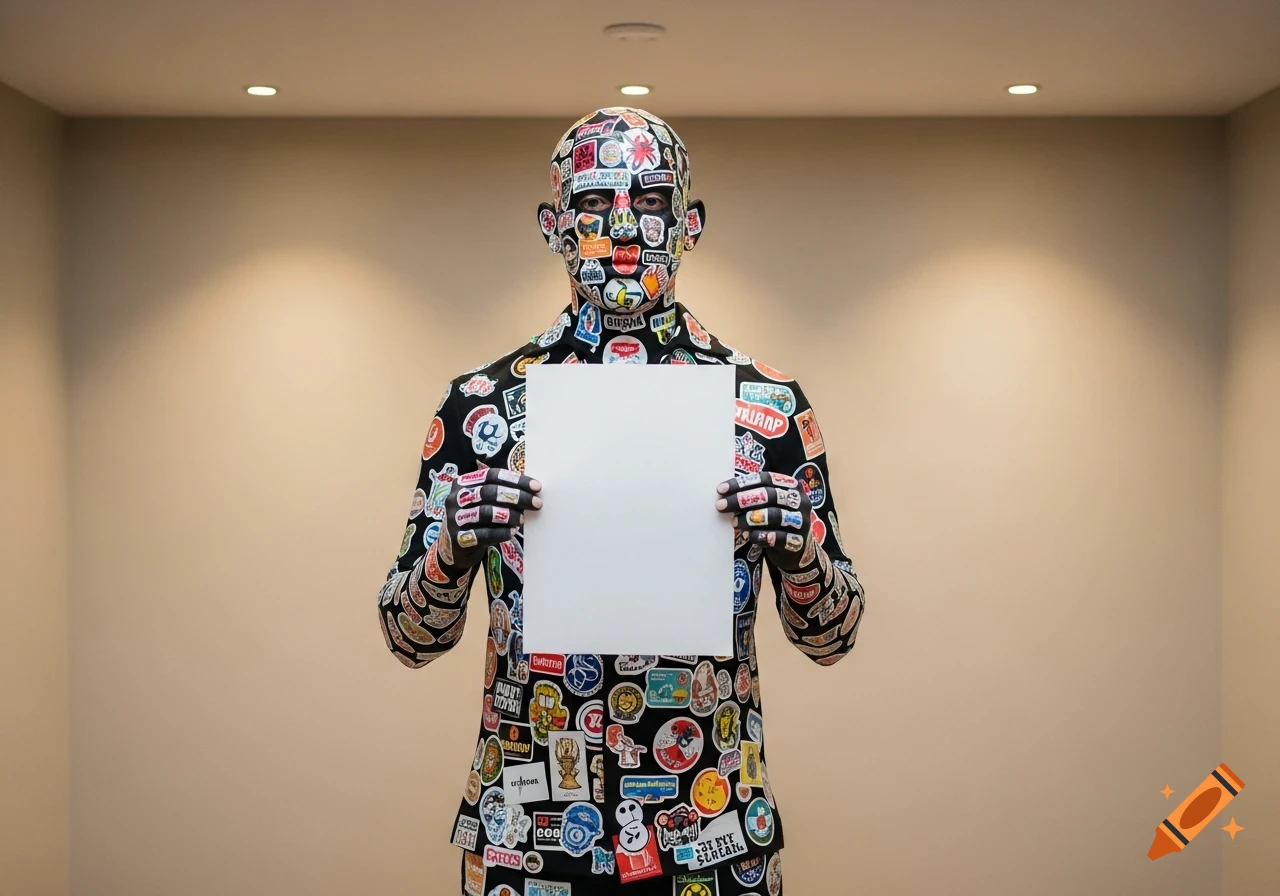 A person covered head-to-toe in a patchwork of colorful stickers holds a blank white paper in front of them, standing in a brightly lit room.