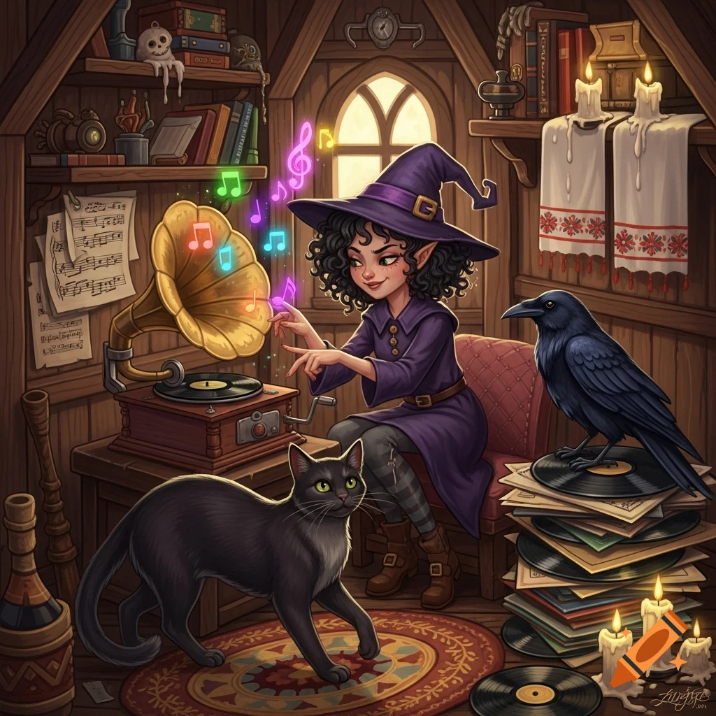 A young witch with curly hair plays a gramophone in a rustic attic room, surrounded by a black cat, a raven, glowing musical notes, and stacks of records.