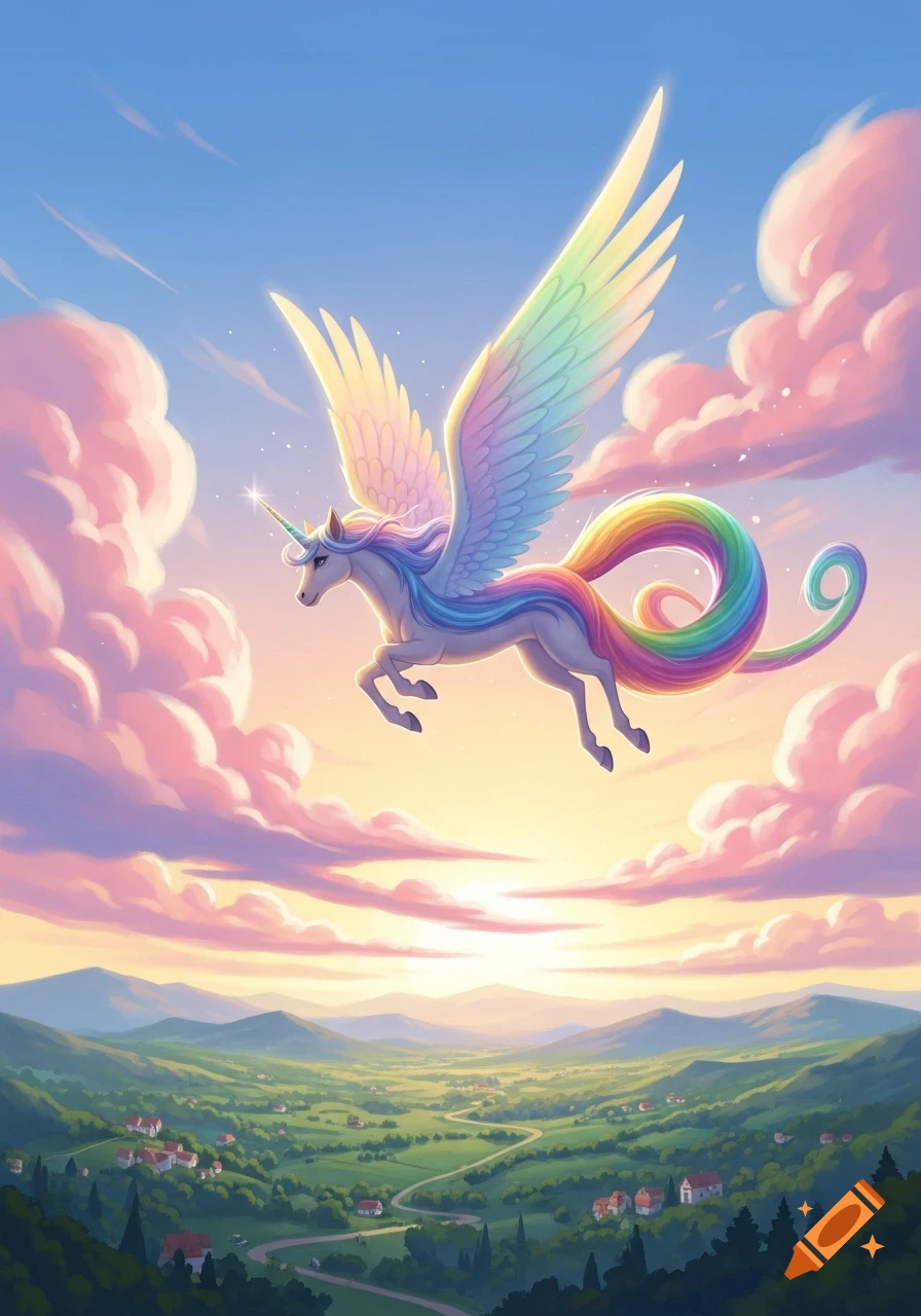 A vibrant winged unicorn with rainbow mane and tail flies over a lush green valley with villages under a sunset sky.