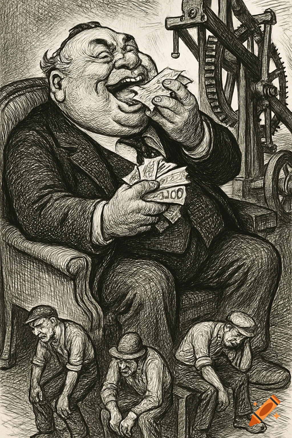 Black-and-white political cartoon of a corpulent, laughing man eating money above struggling workers and machinery, satirizing corruption.