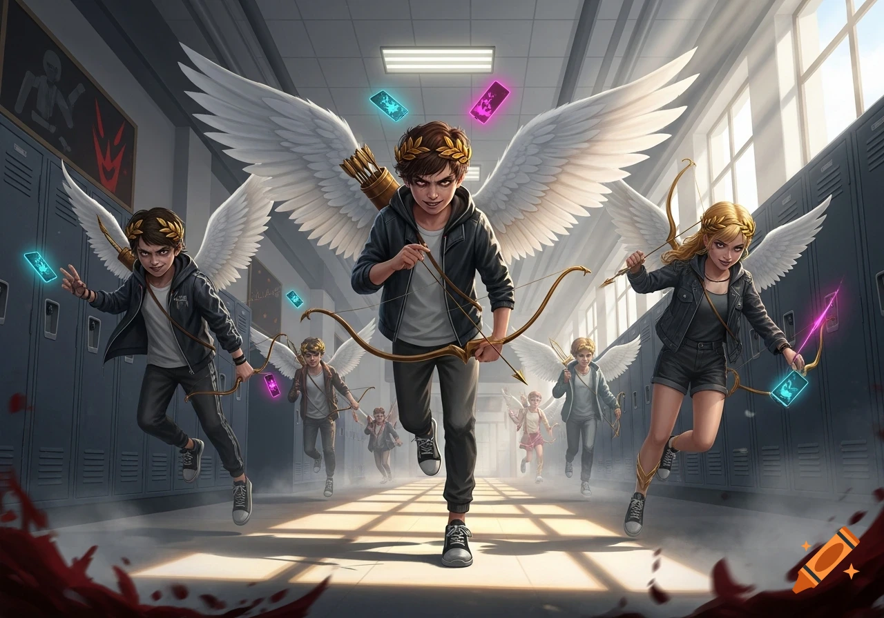 Stylized illustration of mean-looking teenage Cupids with bows and wings running through a high school hallway.