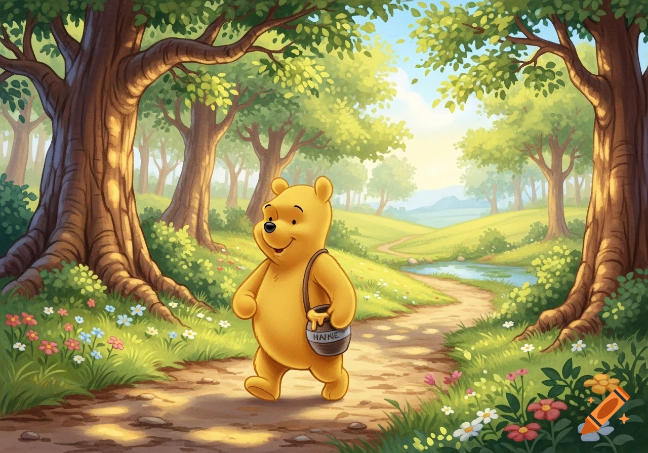 A cheerful Winnie the Pooh walks along a sunlit path through a vibrant green forest, carrying a honey pot.