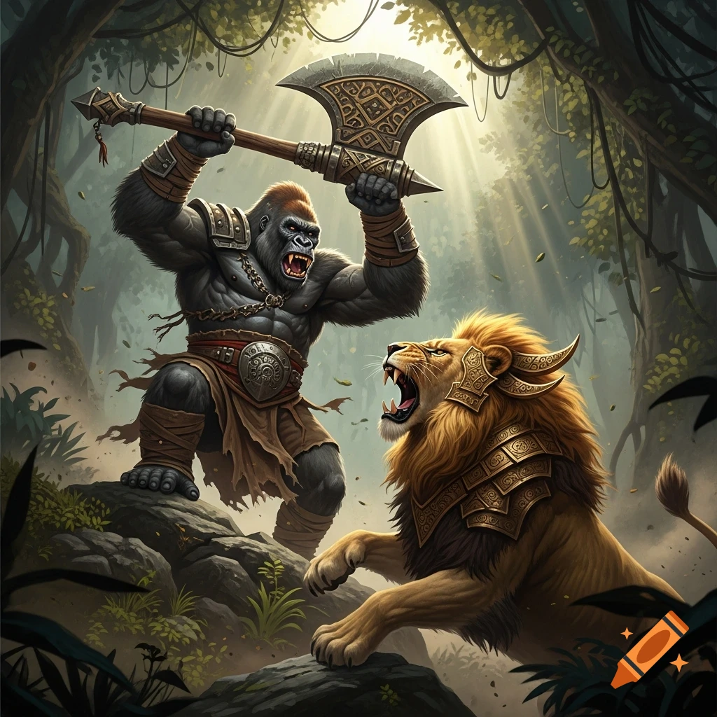 An armored gorilla with a battle axe raised overhead confronts a roaring, armored lion in a jungle.