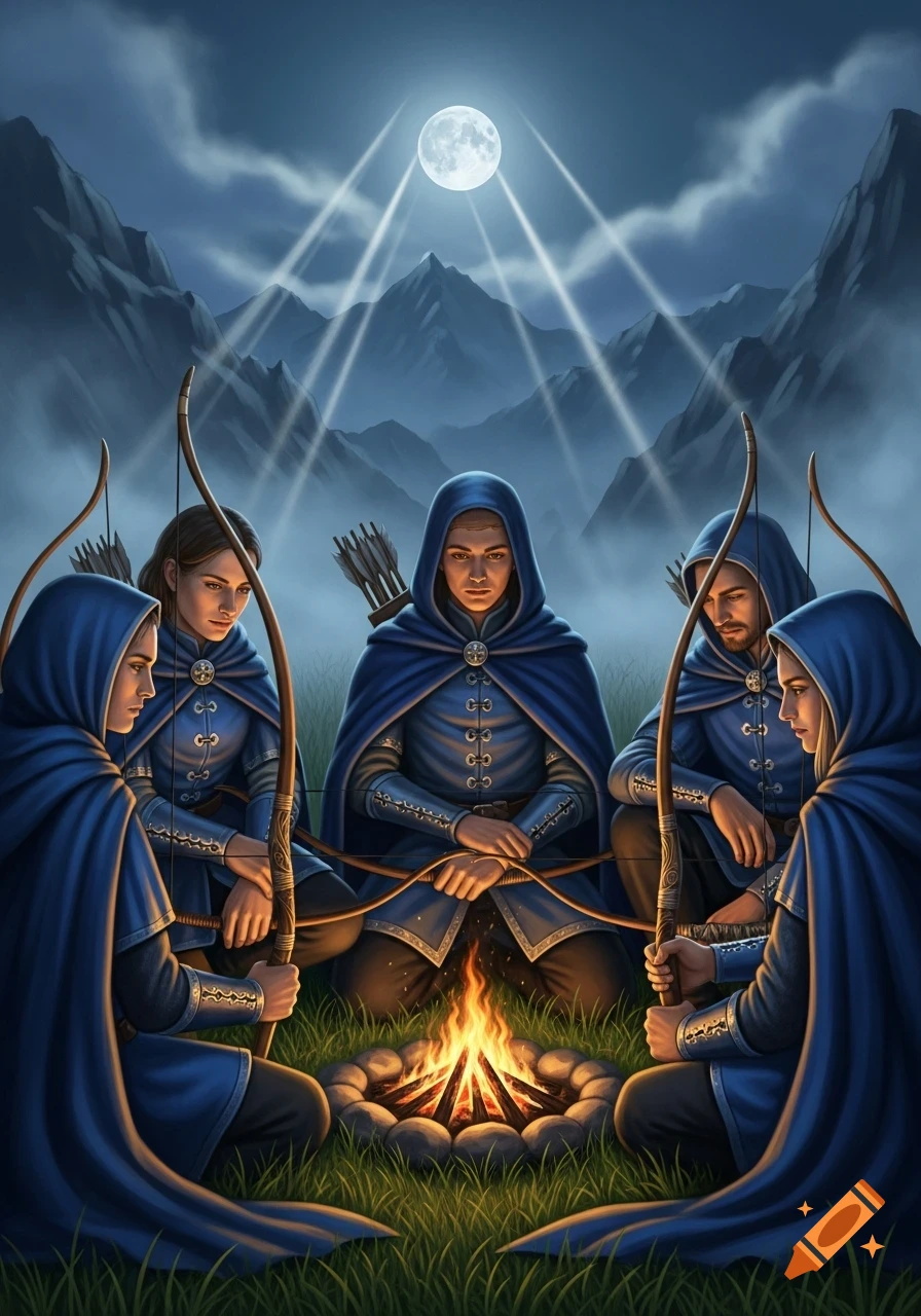Five archers in blue cloaks sit around a campfire at night in moonlit mountains, a digital illustration.