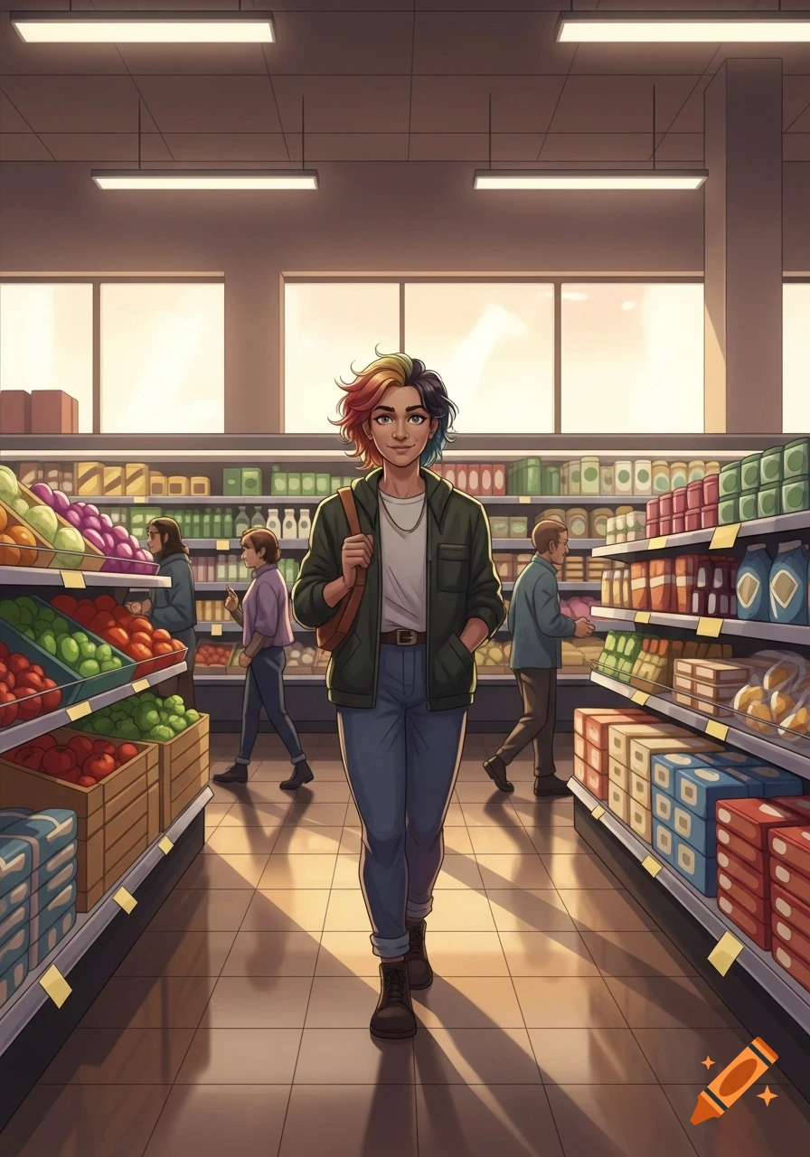 An animated person with rainbow hair walks down a grocery store aisle, surrounded by shelves of food.