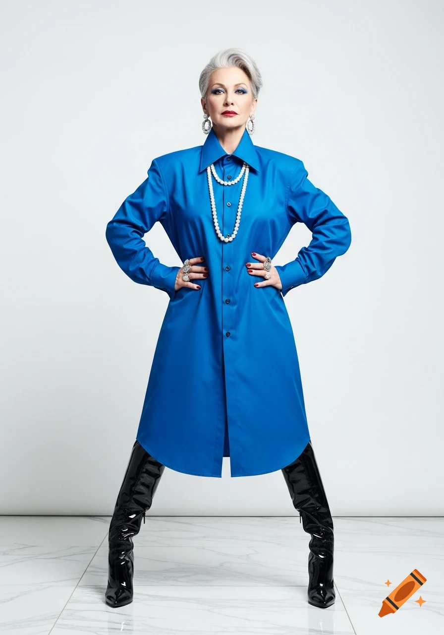 An elegant, confident 50-year-old woman in a blue shirt dress, pearl necklace, and black patent leather boots, posing against a white studio background.