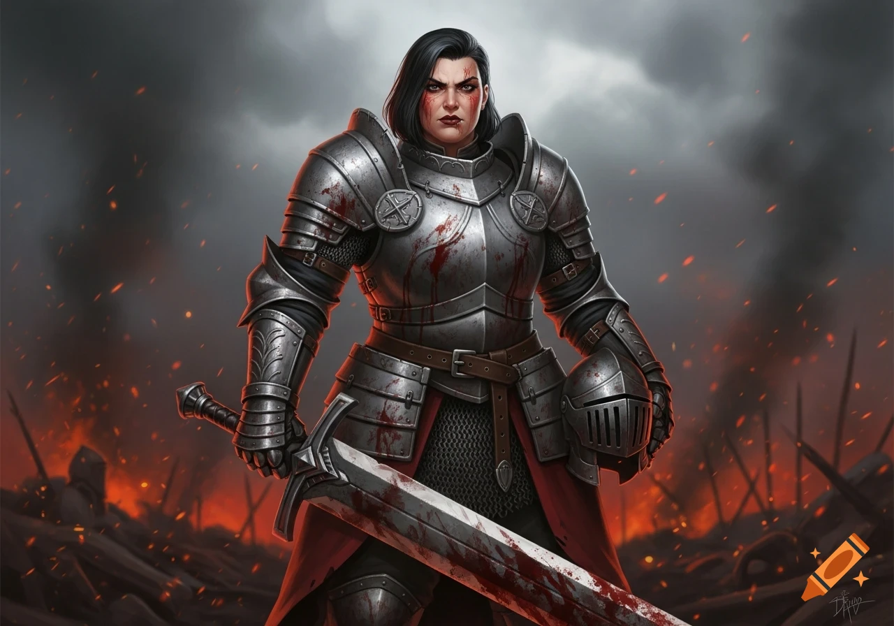 A grimacing female knight in blood-splattered armor holds a large, bloody sword on a burning battlefield under a stormy sky.