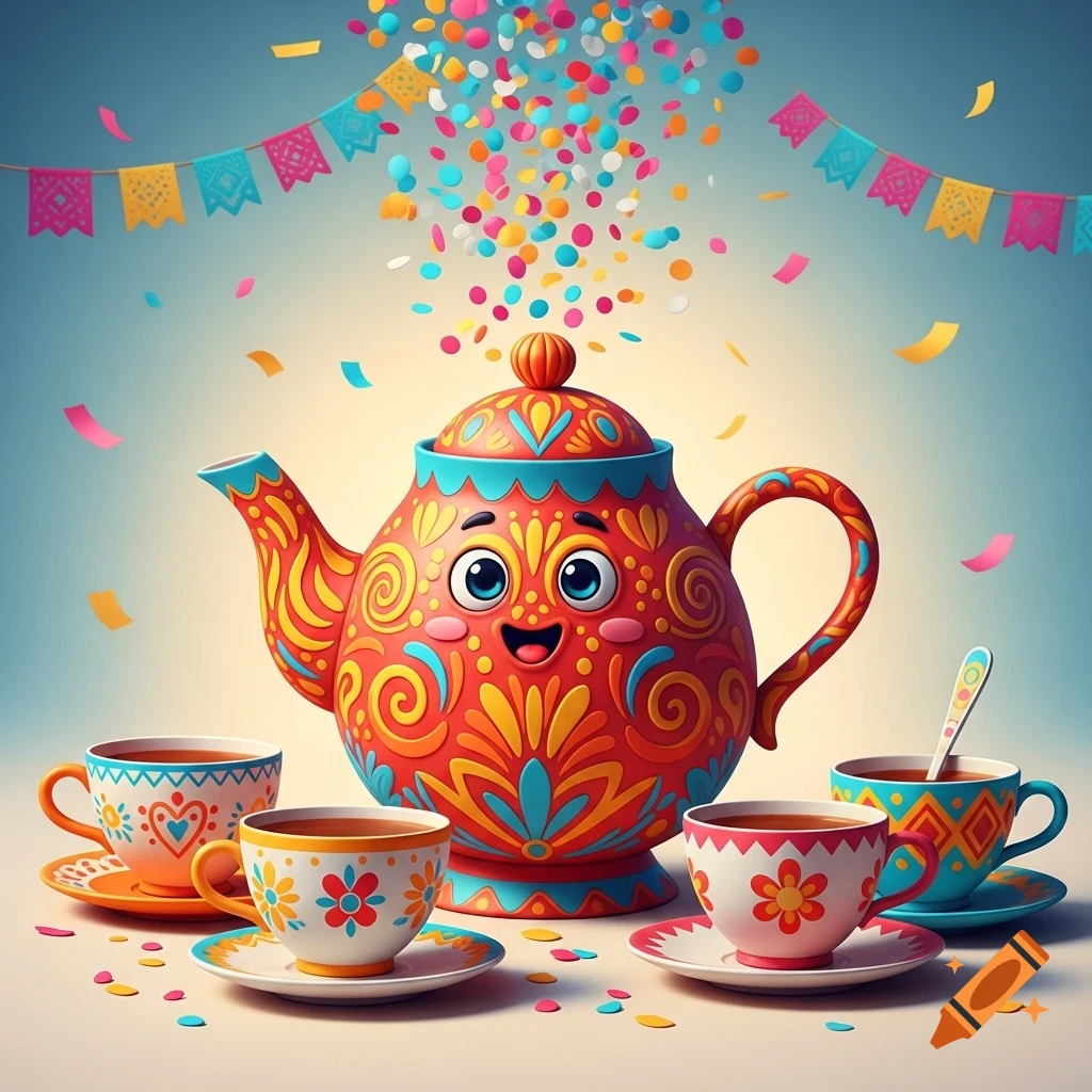 A vibrant, cartoon-style teapot with a happy face, surrounded by colorful teacups and falling confetti, with festive banners.