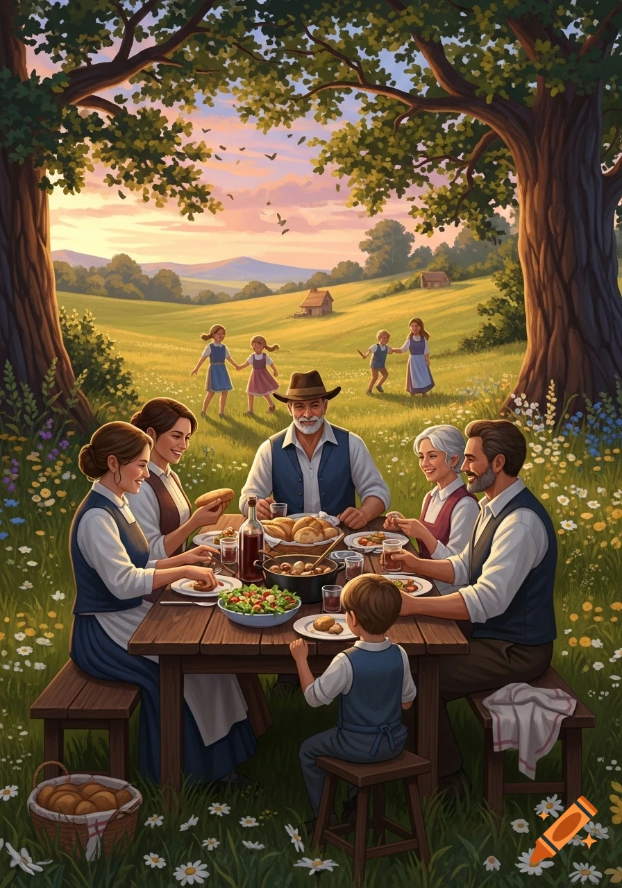 A multi-generational family enjoys an outdoor dinner in a golden countryside field at sunset, with children playing.