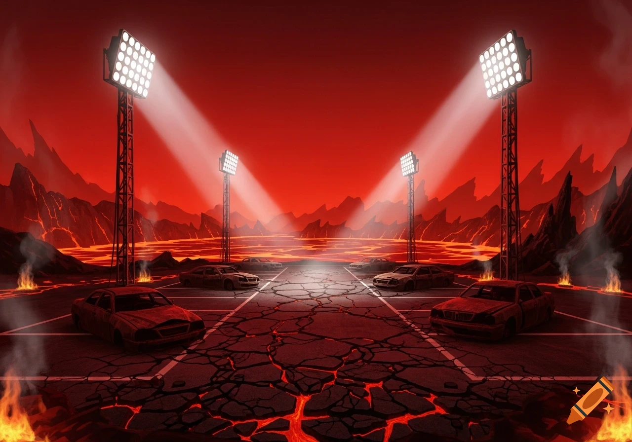 A hellish parking lot with searchlights illuminating abandoned cars on cracked asphalt over lava, under a red apocalyptic sky.