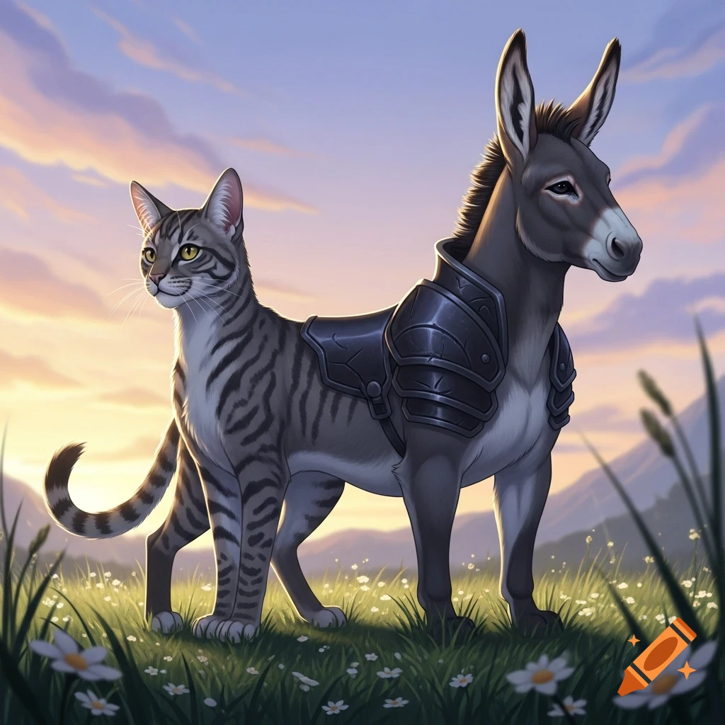 A fantasy hybrid creature, part tabby cat and part donkey, wearing armor, stands in a grassy field under a sunset sky.