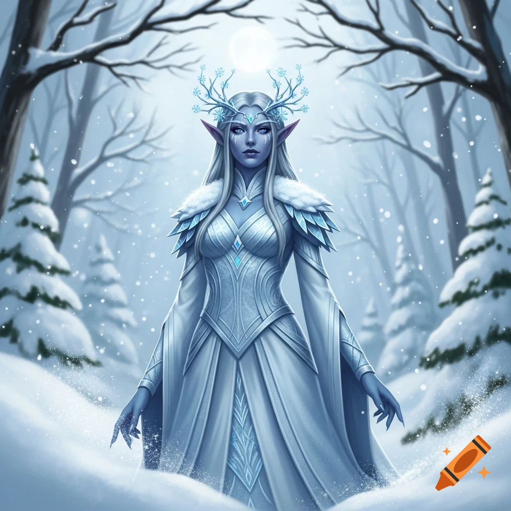 A fantasy illustration of a blue-skinned winter elf woman with white hair and a snowflake crown, standing in a snowy forest.