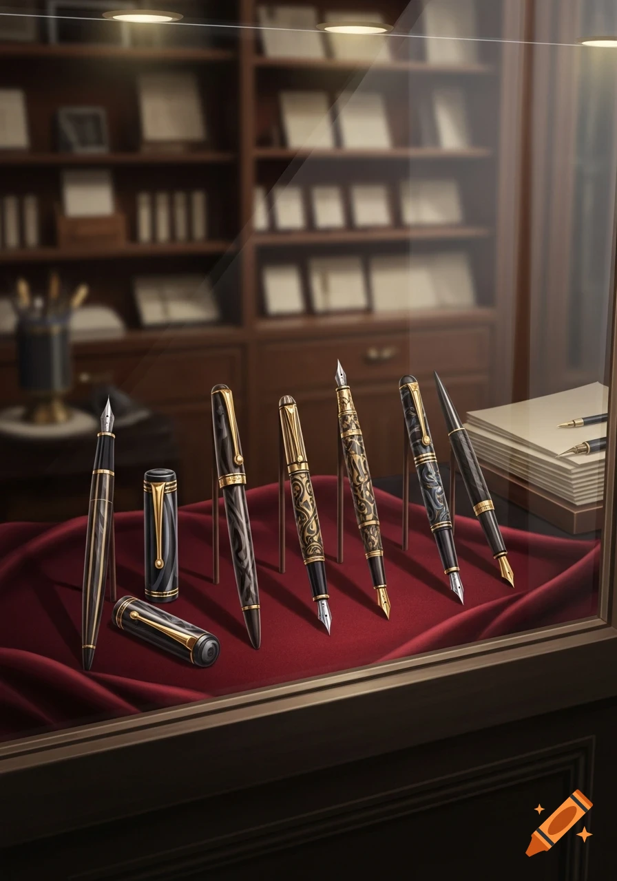 Elegant, ornate fountain pens displayed on red velvet in a glass case, with blurred bookshelves and stationery in the background.