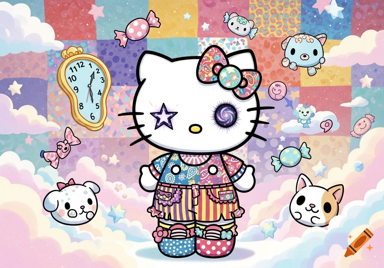 Hello Kitty with star and galaxy eyes, in a patchwork outfit, surrounded by melting clock, candies, and cute animals in a colorful weirdcore style.