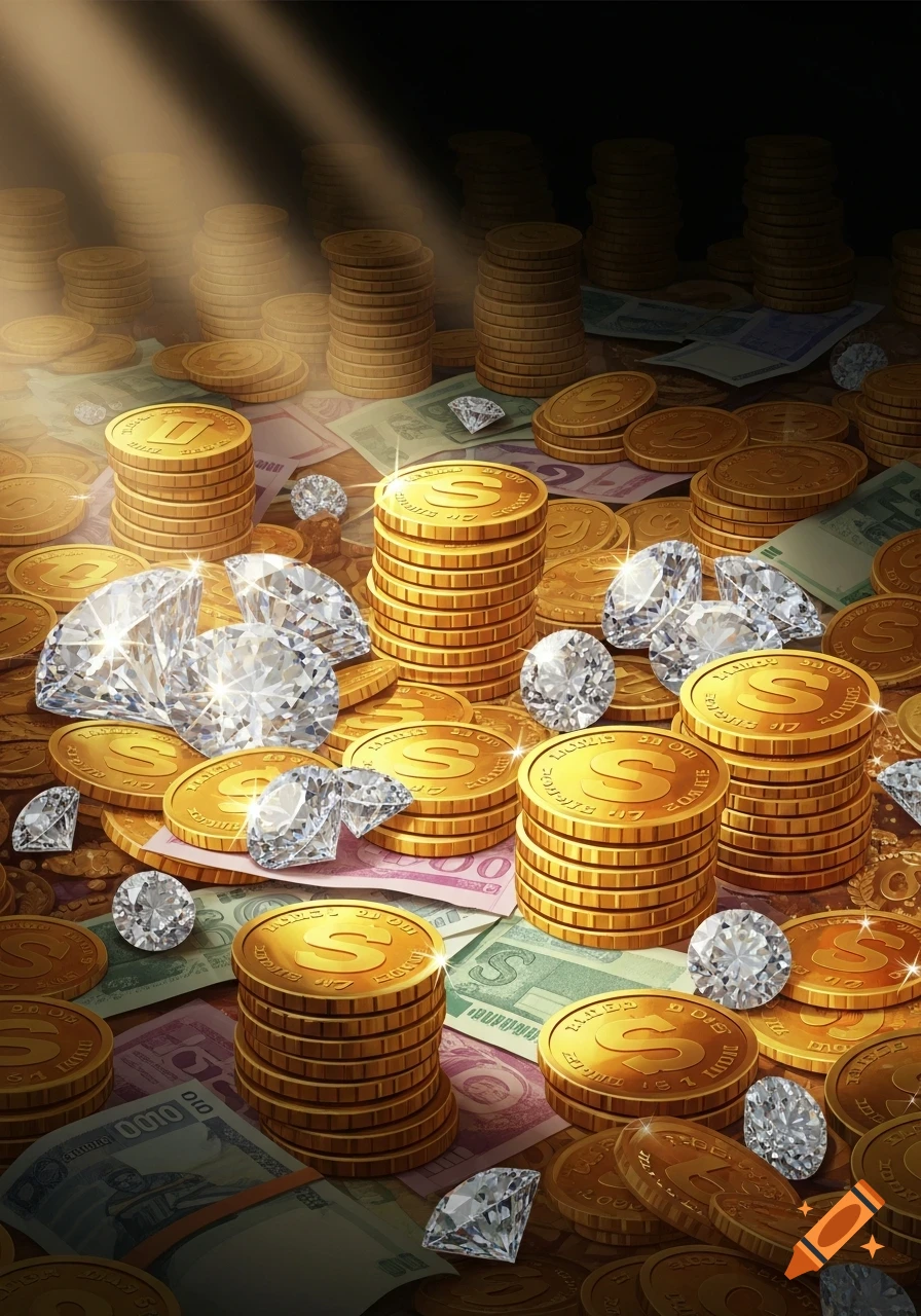 A vibrant close-up of a treasure hoard featuring shining gold coins, sparkling diamonds, and scattered banknotes under a ray of light.