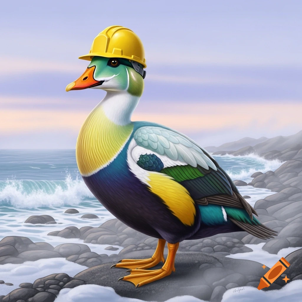 A vibrantly colored King Eider duck in a yellow hard hat stands on rocks by a wavy ocean.