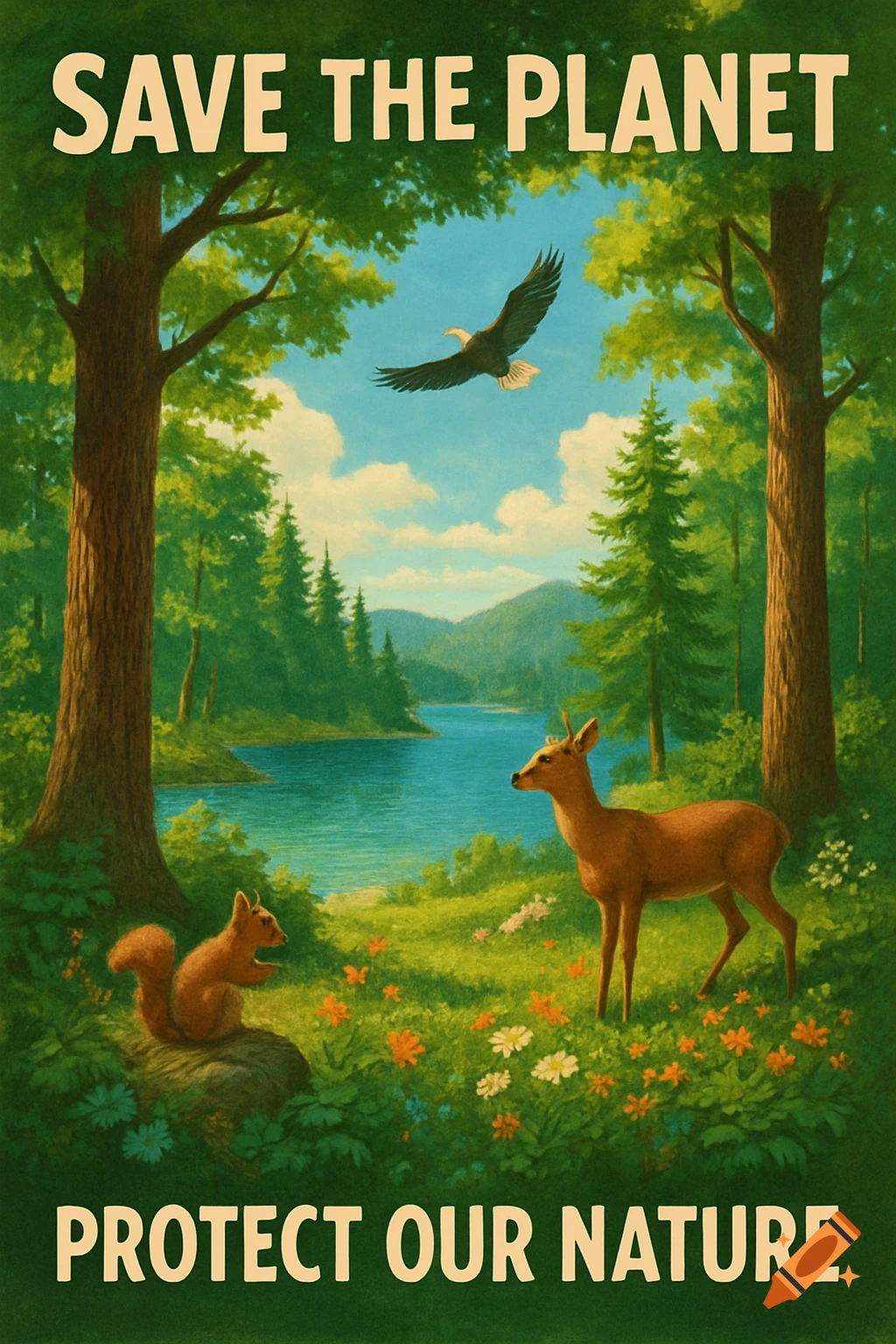 Vibrant environmental poster with forest, lake, mountains, eagle, deer, squirrel. Text reads 'SAVE THE PLANET PROTECT OUR NATURE'.