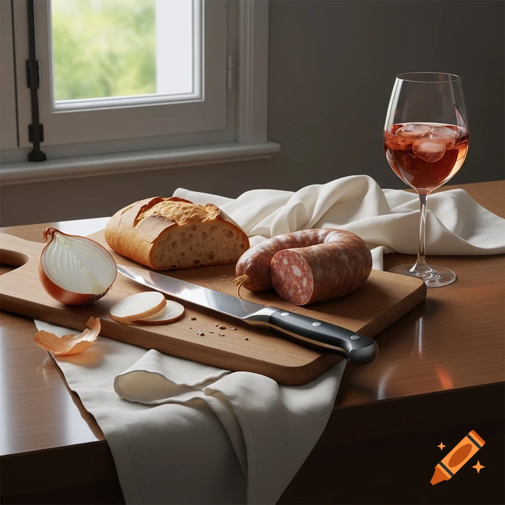 Photorealistic still life with bread, sliced sausage, onion, knife, and a glass of rosé wine on a table.