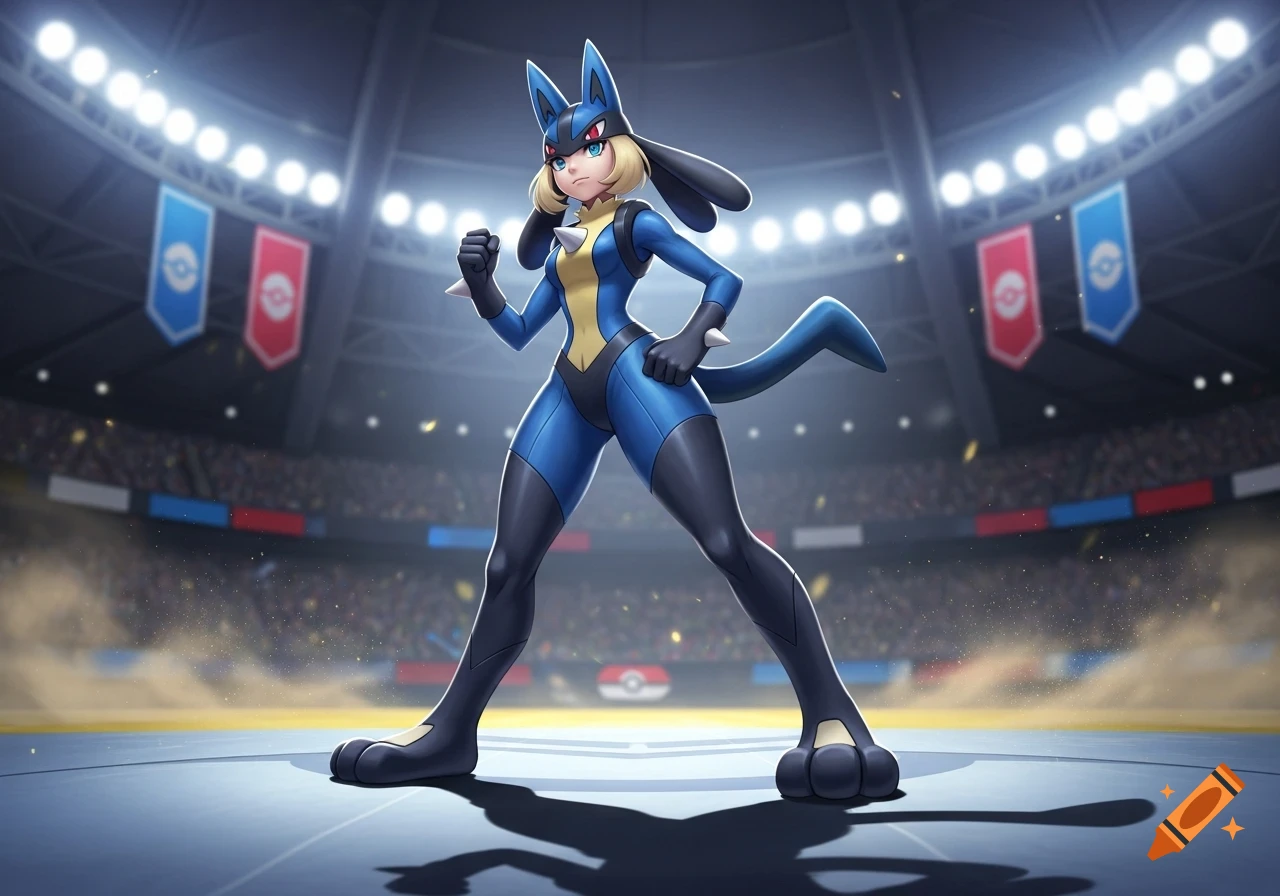 Anime character in a blue and yellow Lucario costume stands in a fighting stance on a stadium floor with bright lights and banners in the background.