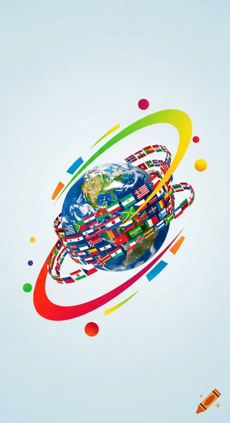 A vibrant globe surrounded by a swirling ribbon of national flags and colorful abstract shapes, set against a light background.