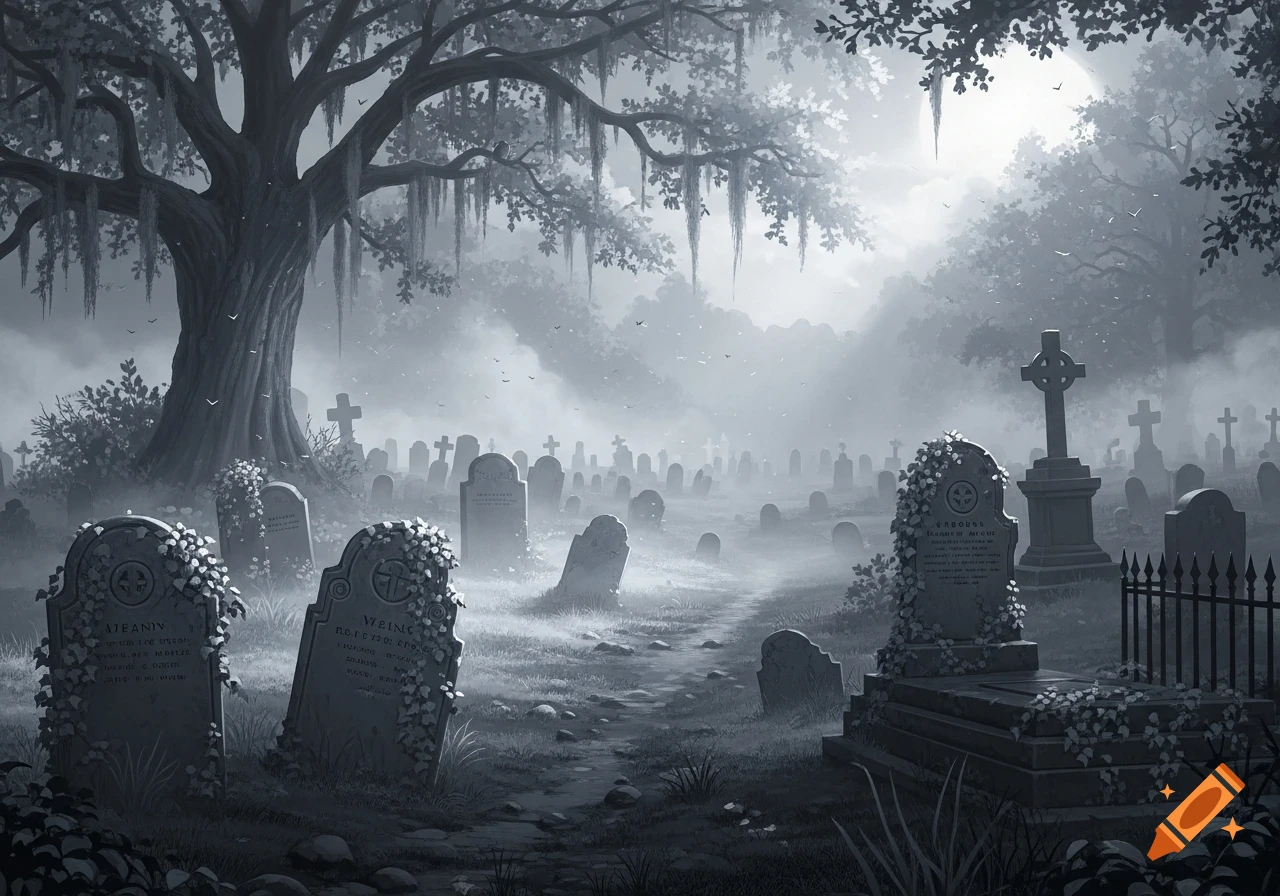 A misty, grayscale cemetery scene with many gravestones, a large ancient tree, and a bright light source in the distance.