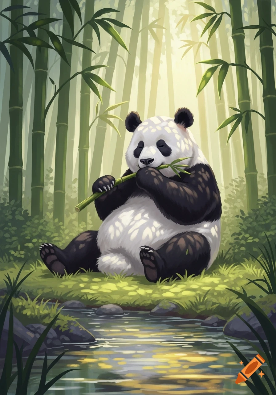 A cute panda sits by a stream in a lush bamboo forest, eating a bamboo stalk, with sunlight filtering through the trees.