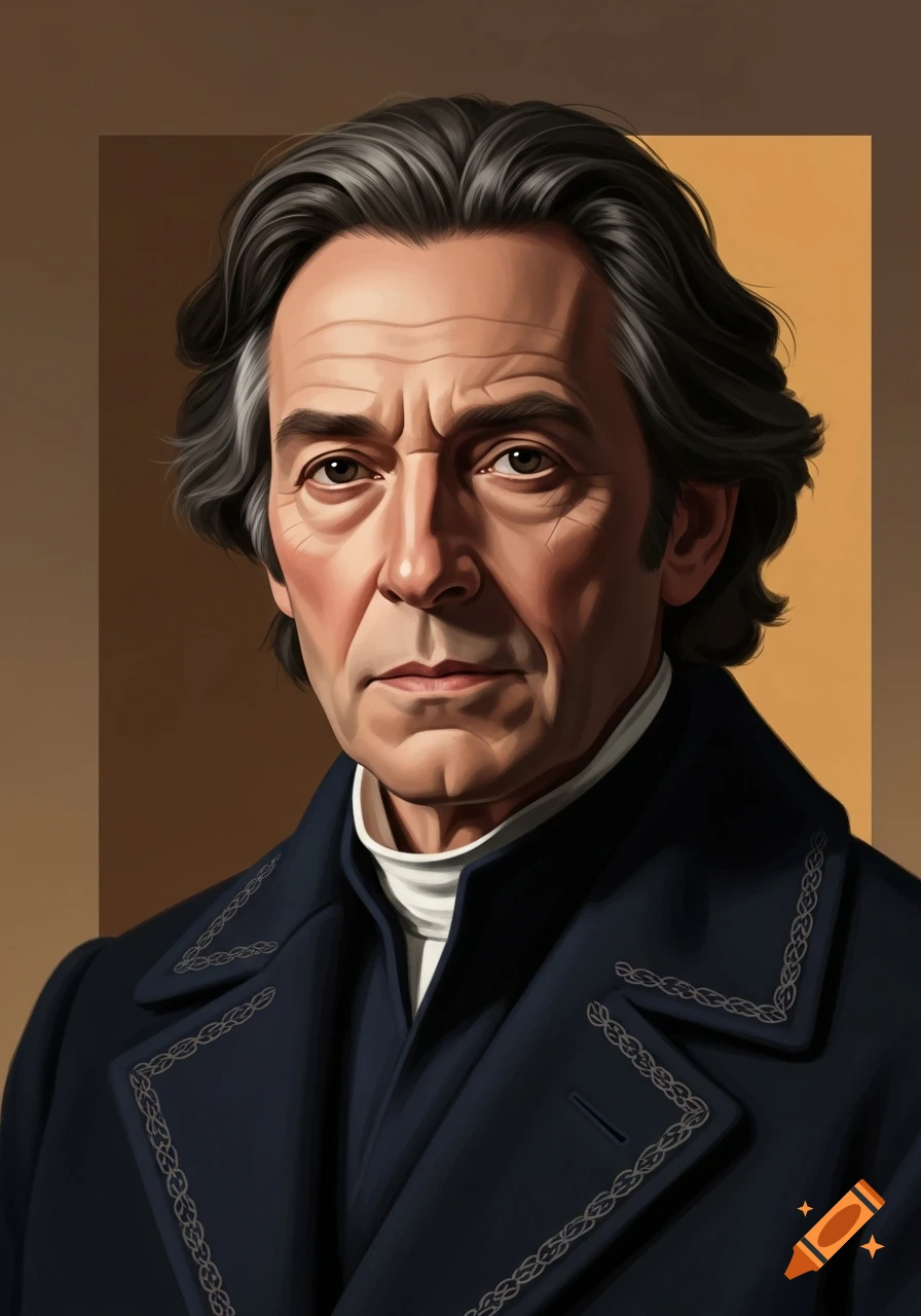 A stylized illustration of an older man with graying hair and a dark blue coat with patterned trim, looking forward.