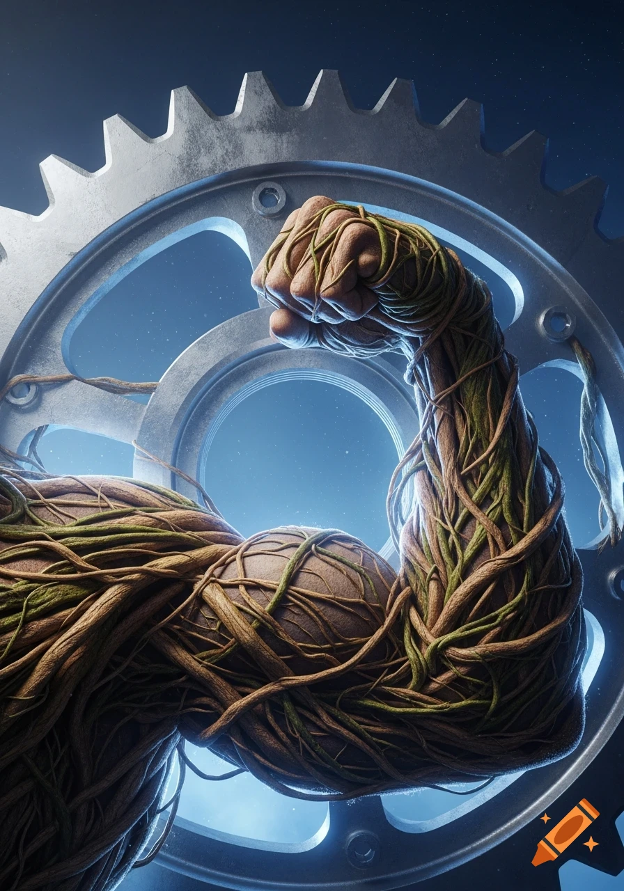 A strong bicep arm made of intertwined roots and vines, set against a large metal gear with a starry blue background. Photorealistic style.