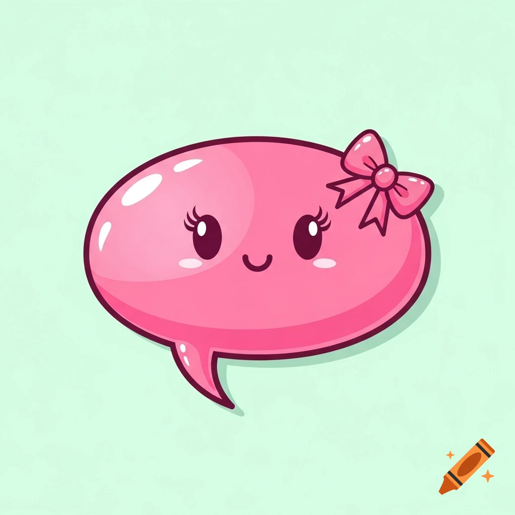 A cute, shiny pink speech bubble with a happy face and a pink bow on top, in a retro pop style, on a light green background.