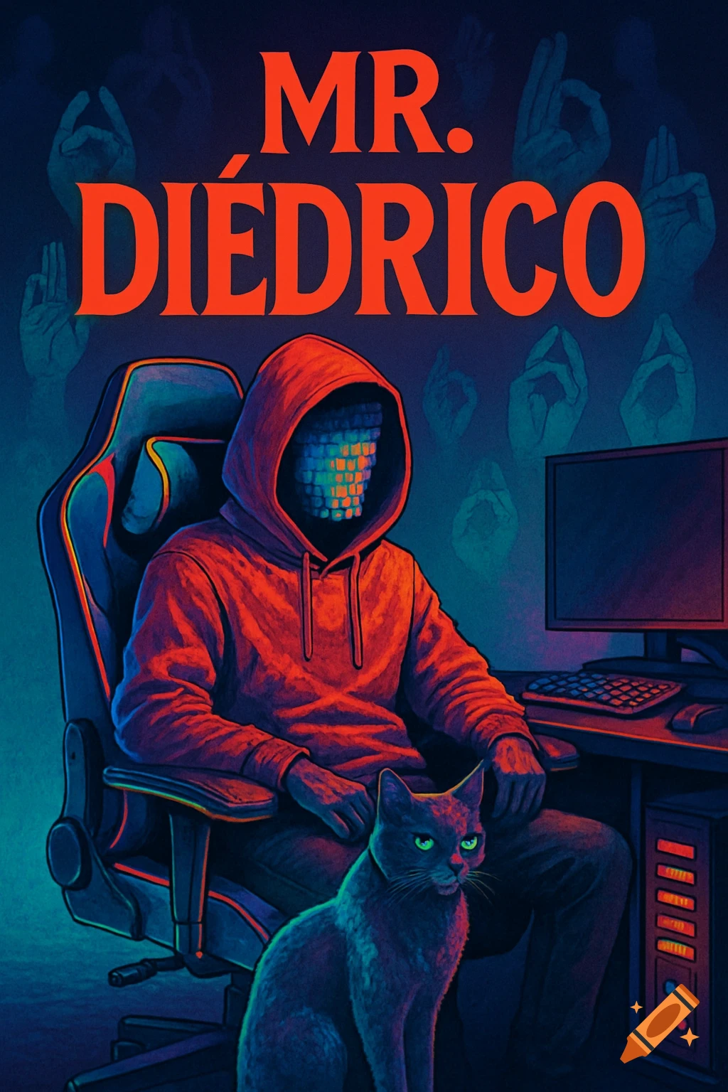 Illustrative image of a person in a red hoodie with a pixelated face, sitting in a gaming chair with a cat, under large red text 'MR. DIÉDRICO'.