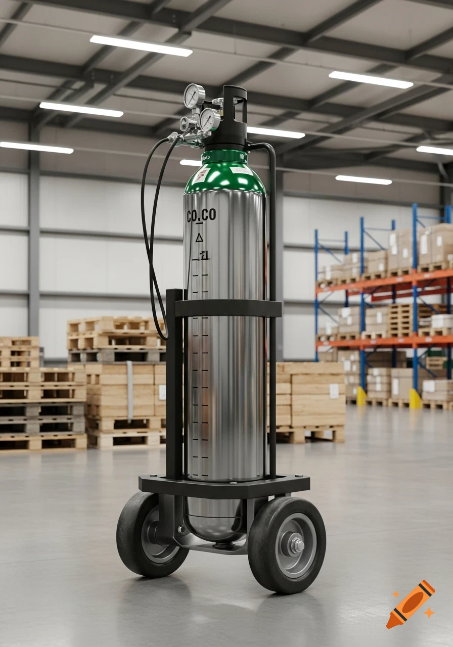 Photorealistic bulk CO2 tank on casters in a well-lit warehouse with pallets and shelves in the background.