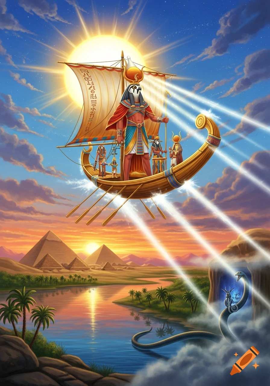 Ancient Egyptian sun god Ra with a falcon head sails across a vibrant sky in a golden barque, with pyramids and a river at sunset below. Sun rays beam down, illuminating the scene and a serpent creature.