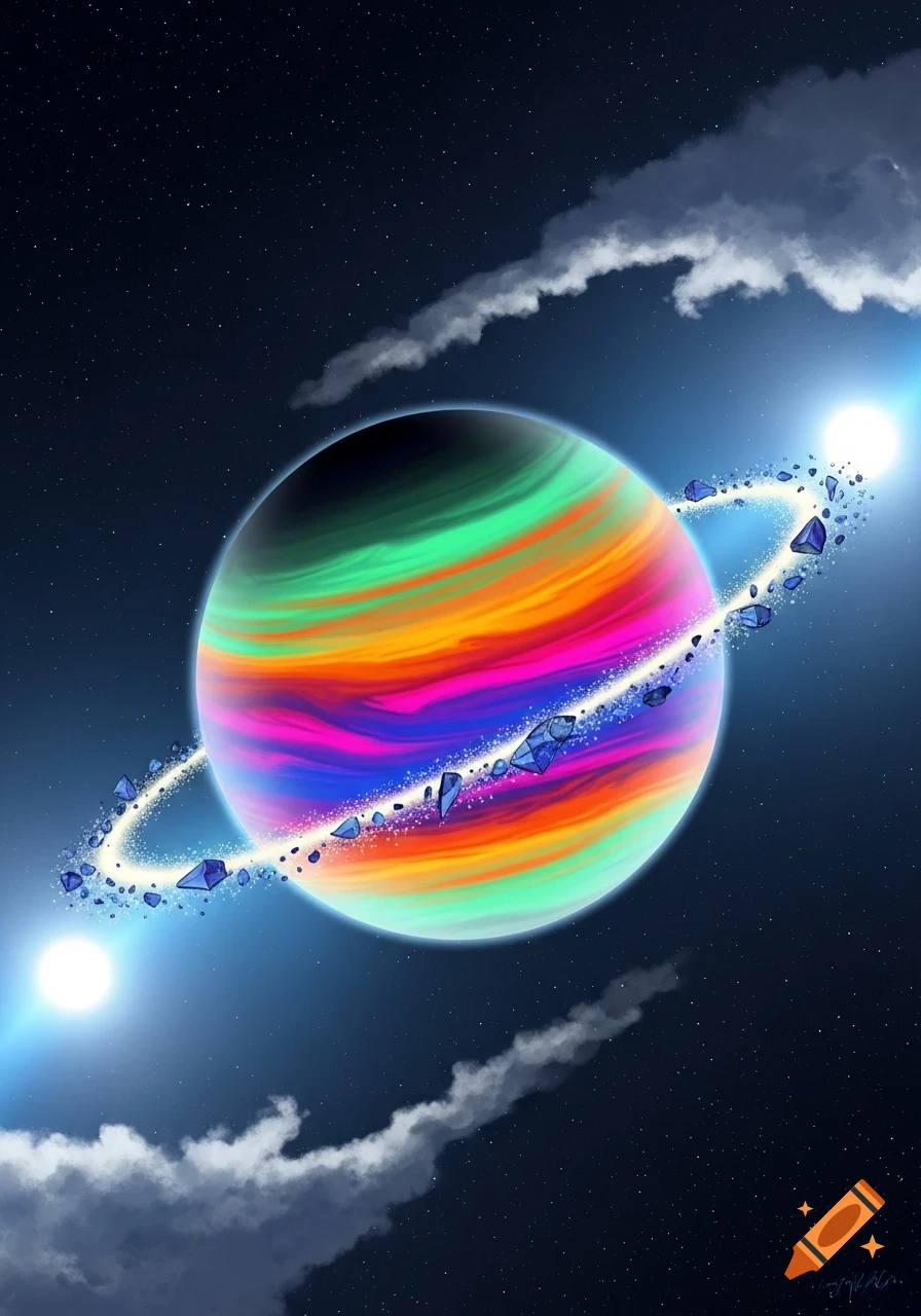 A vibrant, rainbow-colored planet with a glowing ring of blue crystals, two bright stars, and wispy clouds in dark space.