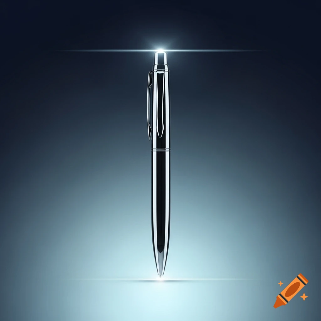 A sleek, metallic silver pen stands upright, illuminated from above and below against a dark, gradient background.